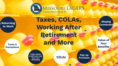 Cover slide of Taxes, COLAs, and Working After Retirement Presentation