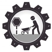 monochrome gear wheel with man and wheelbarrow vector illustration