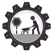 monochrome gear wheel with man and wheelbarrow vector illustration monochrome gear wheel with man and wheelbarrow vector illustration