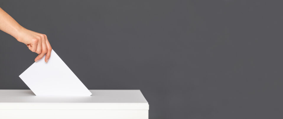 The voter holds a vote ballot paper and places it in the ballot box.