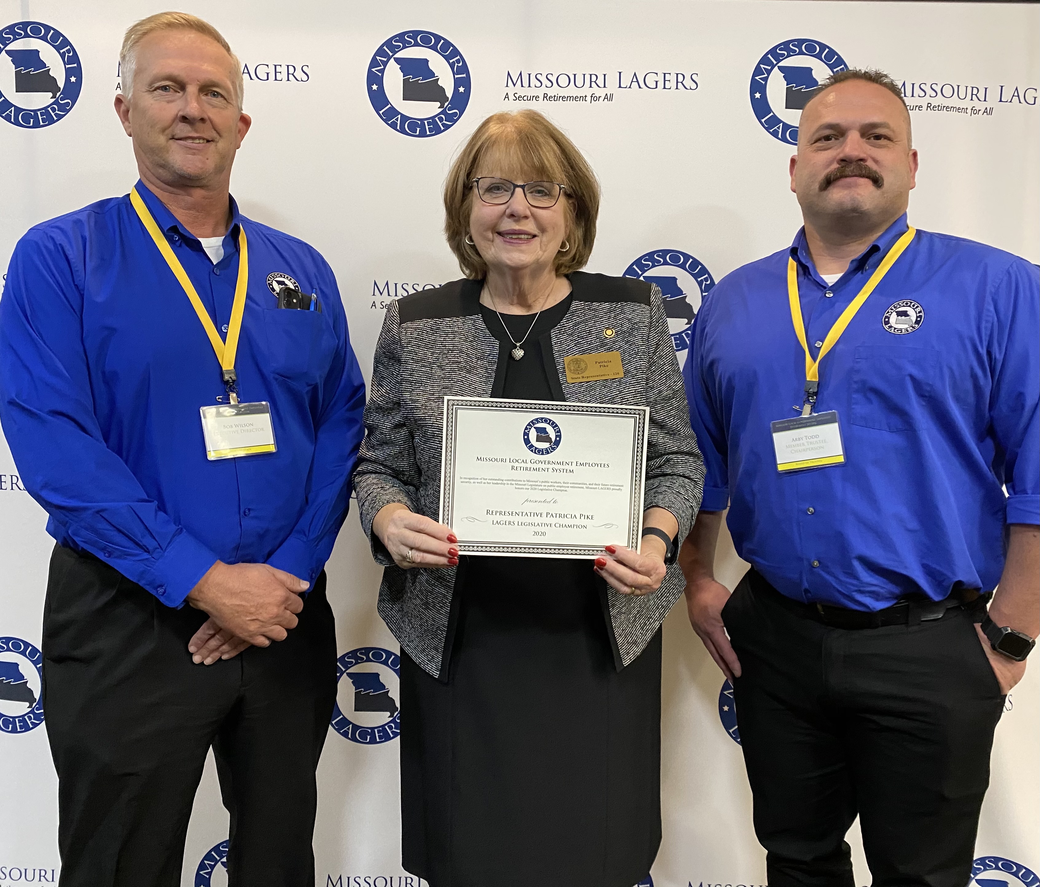 Executive Director, Bob Wilson, LAGERS' 2020 Legislative Champion Award Recipient Representative Patricia Pike, and Board Chairman Arby Todd